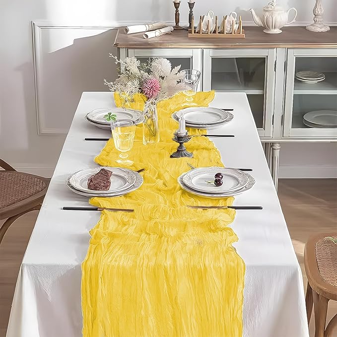 2 Pack 10 Ft Cheesecloth Table Runner Light Yellow Gauze Long Table Runners Boho Gauze Cheese Cloth Table Runner Rustic Sheer Runner for Wedding Party Table Decor ( 35 x 120 Inch )