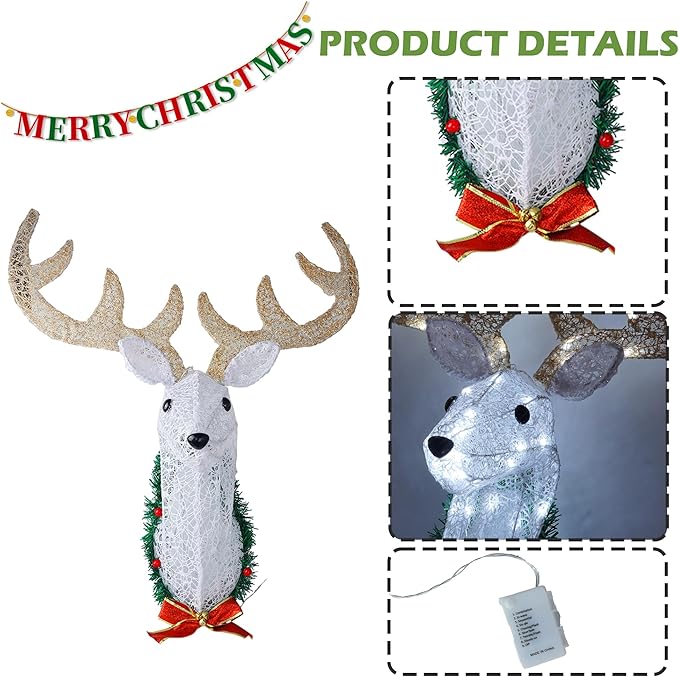 Hourleey Lighted Christmas Wall Decoration Reindeer Head, 32" 3D Battery Operated Rudolph Hanging Wreath with 8 Modes, Light Up Christmas Decor for Outdoor Indoor Front Door Window Xmas