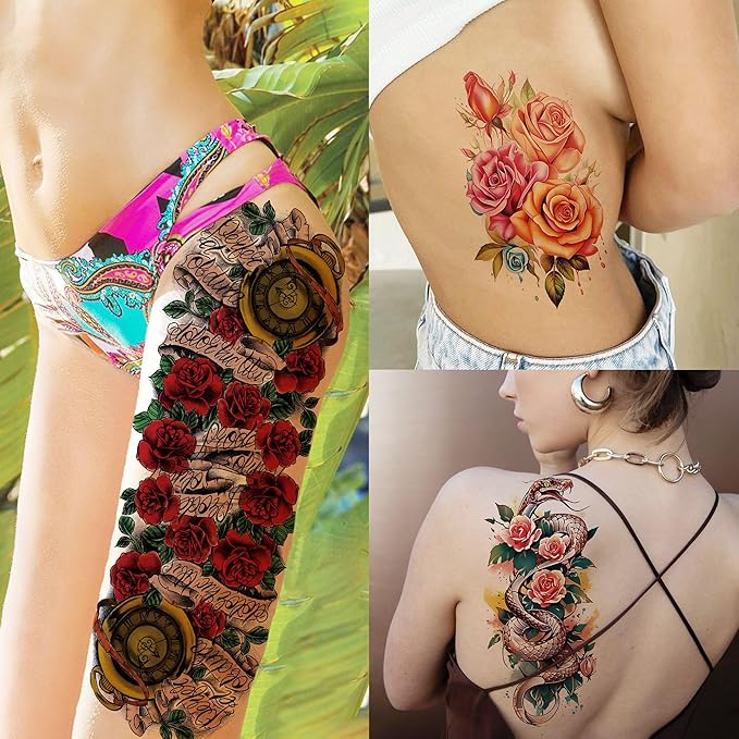 20 Sheets Sexy Rose Flower Full Arm Temporary Tattoos For Women Girl, Large Peony Lotus Florals Wolf Lion Tiger Fox Skull Fake Sleeve Tattoo For Adults, Watercolor Skull Halloween Tattoo Stickers