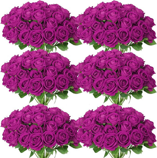 52 PCS Purple Artificial Roses Bulk, Fake Artificial Flowers Bridal Bouquet Silk Faux Rose with Stems for Wedding Flowers Decoration, Valentine's Day, Bridal Bouquet, Anniversary, Home Decor (52PCS)