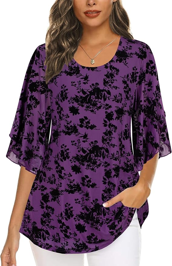 Ninedaily Women's Tops 3/4 Sleeve Blouses Dressy Casual Double Layers Mesh Tunic Shirts