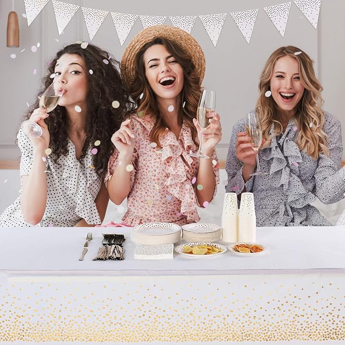 White and Gold Tablecloths for Party 2 Packs, 54x108 inch Gold Dot Confetti Disposable Rectangular Plastic Table Cover for Bridal Shower Engagement Wedding Birthday BBQ Party New Year Eve 2026