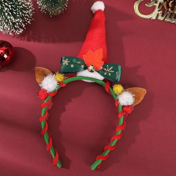 Christmas Unicorn Headband with Santa Hat Horn, Green Bow & Gold Bells - Festive Xmas Party Hair Accessories for Women, Christmas Cosplay Hairband,Holiday Festival Gift Supplies