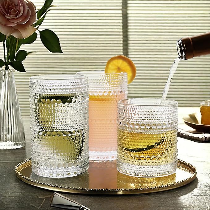 Vintage Hobnail Driinking Glasses Set, Glassware Drinking Set of 8, 12 oz Highball Glasses & 10 oz Cocktail Glasses, Tumbler Glasses for Cocktails, Whiskey, Juice, Milk, Clear