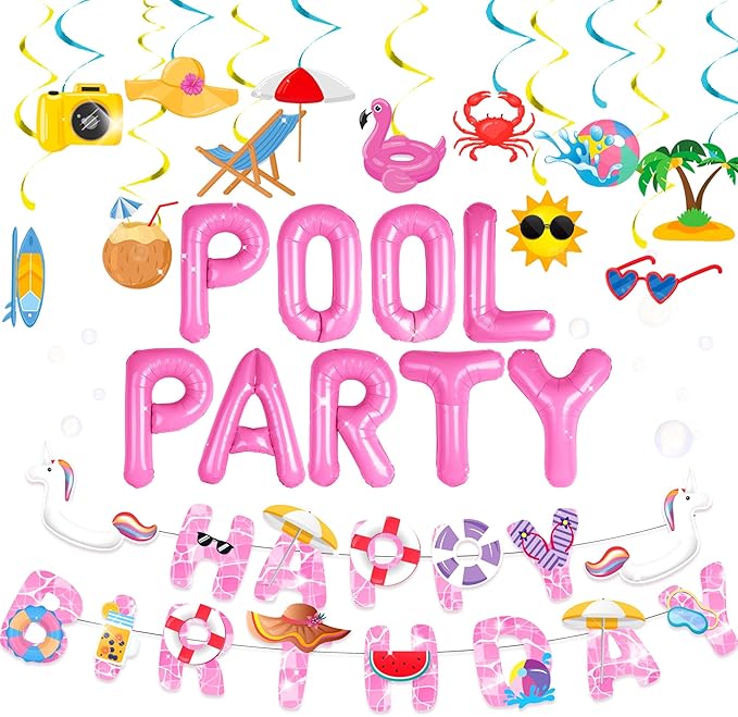 Summer Pool Beach Party Decoration, Pink Pool Party Balloon, Summer Birthday Bash Party Decorations Tropical Balloons Banner for girls Swimming Water Luau Tropical Hawaii Party Decoration Supplies