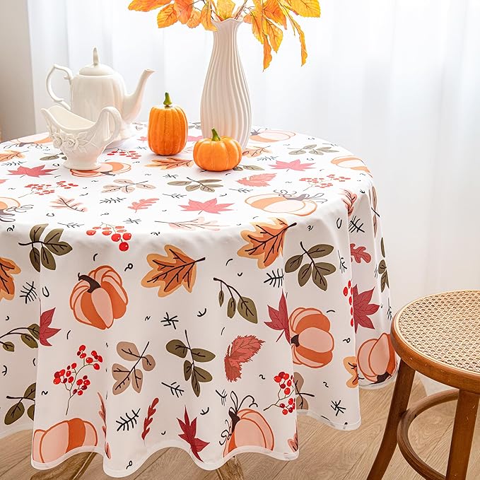 Thanksgiving Waterproof Tablecloth – Fall Harvest Pumpkins, Maple Leaves & Berries Print – Autumn Rectangle Table Cover for Dining or Party, White, 60" Round