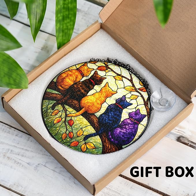 Cat Stained Glass Suncatcher Window Hanging, 5 Cats on Branch Sun Catcher Ornament, Father's Day, Mother's Day, Birthday Gifts for Women, Cat Mom, Pet Lovers, Nature Lovers, Autumn Leaves Decor