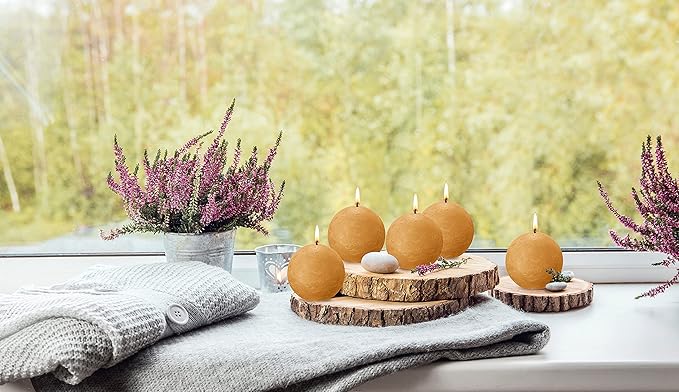 BOLSIUS 3 Pack Yellow Rustic Ball Pillar Candles - 3 Inch - Premium European Quality - Includes Natural Plant-Based Wax - Unscented Dripless Smokeless 25 Hour Party Décor and Wedding Candles