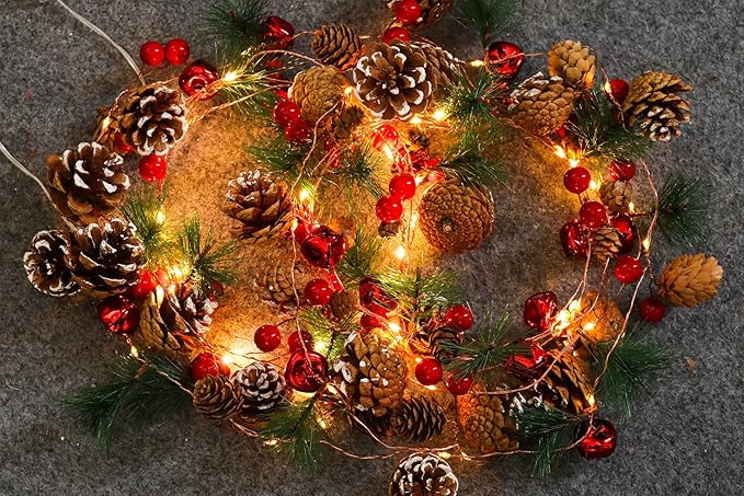 RECUTMS Christmas Garland with Pine Cones, Red Berry, 6.5FT, 20 LED Fairy Pinecone Lights for Fireplace Mantle, Winter Xmas Tree Party Indoor Outdoor Decorations (2 Pcs)