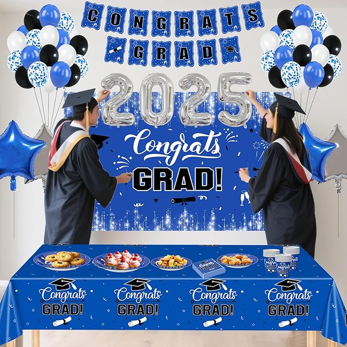 2025 Graduation Party Decorations, 195PCS Class of 2025 Decorations Include Congrats Grad Banner, Backdrop, Tablecloth,Ballons,Graduation Paper Plates,Cups and Napkins