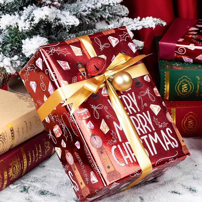 WRAPAHOLIC Reversible Nutcracker Christmas Wrapping Paper - Mini Roll - 17 Inch x 33 Feet - Merry Christmas Nutcracker Wrapping Paper with Metallic Foil Shine for Xmas Holiday, Party Celebration