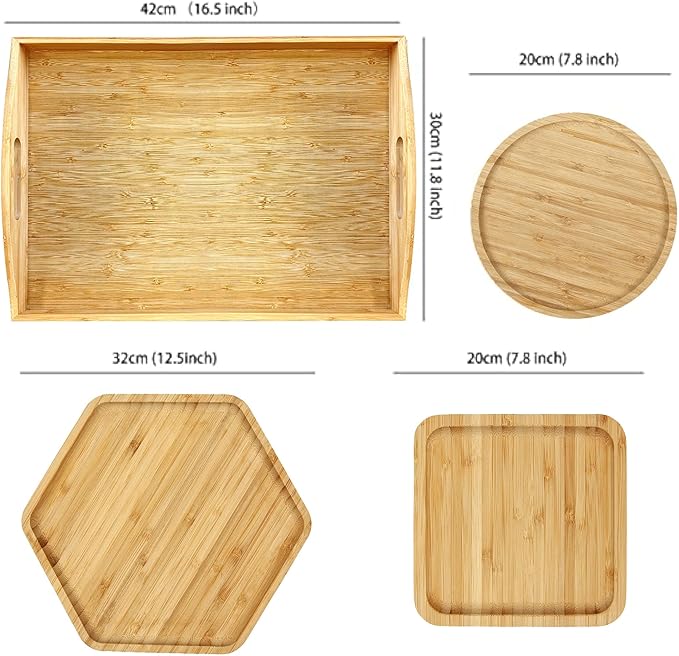 Bamboo Serving Tray Dinner Plates Cheese Board 16.5"x11.8"（42x30cm with Handle, Set Includes 1xHexagon 12.5"(32cm)+1xSquare 7.8"(20cm)+1xCircle 7.8"(20cm)