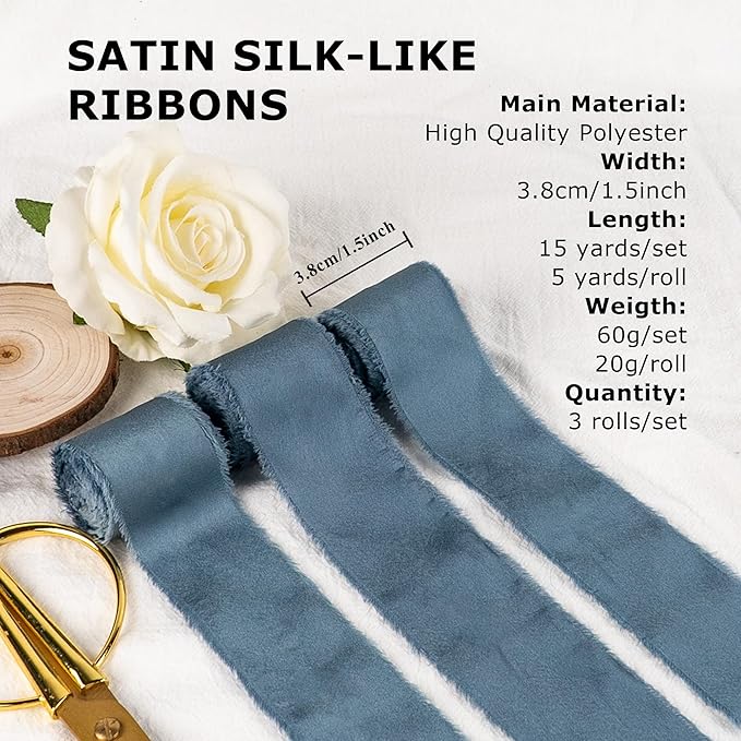 Satin Silk Ribbon, Dusty Blue Ribbon for Wrapping, 1-1/2 inch x 15 Yd Handmade Frayed Fringe Ribbon, for Wedding Engagement Birthday Showers Crafts Flower Bouquet Invitation Decor, 3 Rolls