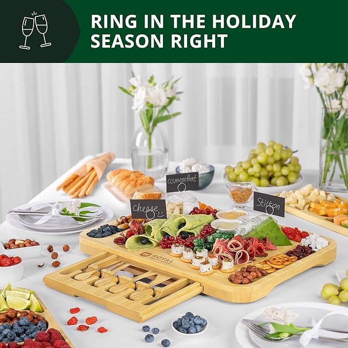 ROYAL CRAFT WOOD Bamboo Cheese Board and Knife Set with Charcuterie Board & Serving Tray with Appetizer Plates & Side Trays (17.5 x 13)