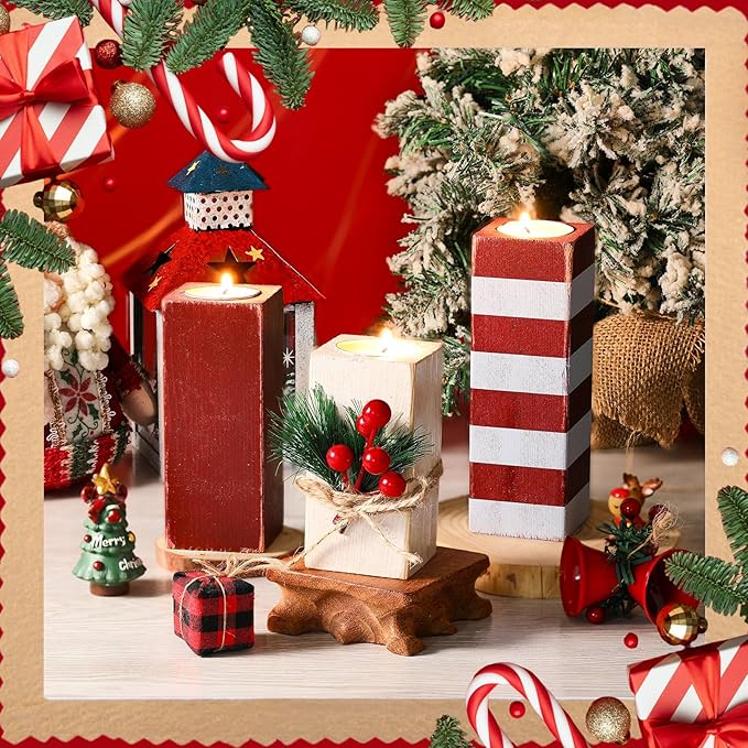 3 Pcs Christmas Candle Holders with Candles Wooden Xmas Tealight Candle Holders Decorations Red White Striped Votive Wood Candlestick Christmas Table Centerpiece for Xmas Party Favors Decor