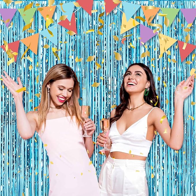 6 Pack Light Blue Foil Fringe Curtains Backdrop, 3.28 x 9.8 Ft Metallic Streamers Tinsel Curtains Background for Photo Booth, Birthday, Halloween, Christmas, Thanksgiving, New Year Party Decorations