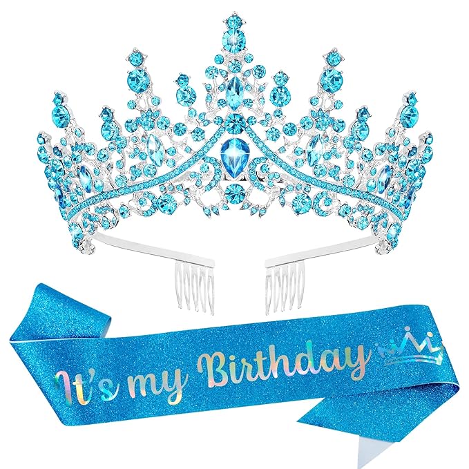 VELSCRUN Blue Crystal Birthday Tiara Crowns for Women Girls It's My Birthday Sash Queen Girls Princess Crown with Combs Happy Birth Party Decorations Mom Sisters Birth Gift Hair Accessories