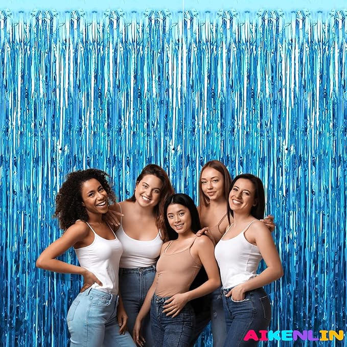 4 Pack Lake Blue Foil Fringe Curtain Backdrop, 3.2Ft x 9.8Ft Metallic Tinsel Foil Fringe Streamers Curtains for Party, Photo Booth Props, Birthday, Wedding, Christmas Party Decoration Supplies
