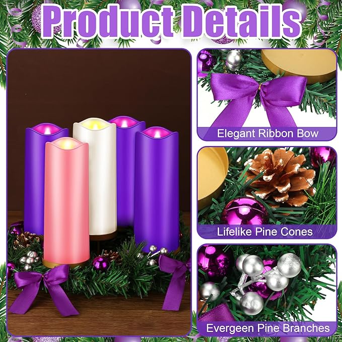 Tioncy 12 Inch Christmas Advent Wreath Candle Holder with 5 Flameless Candles Remote Control Wreaths Holder Centerpiece Decoration with Berries(Trendy,8 x 3 x 3 in)