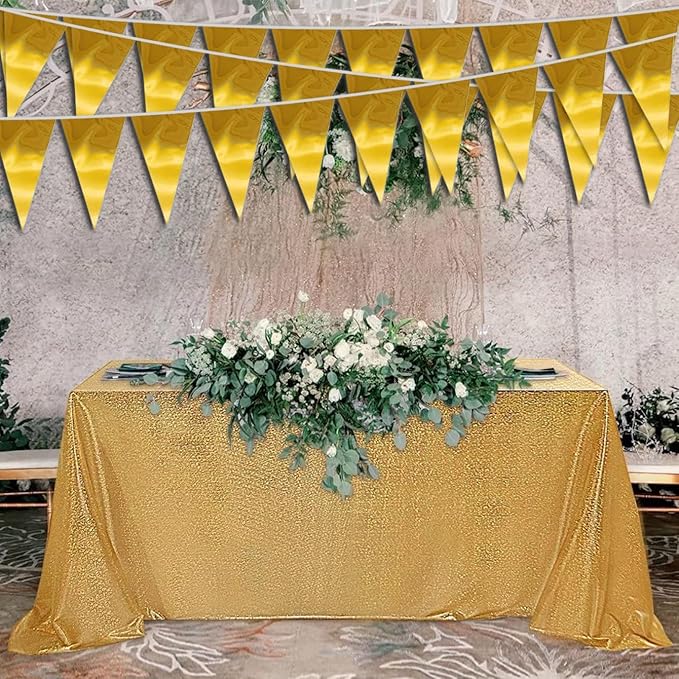 20M/65FT Gold Triangle Pennant Banner Flag Metallic Fabric Bunting Garland for Christmas Graduation Wedding Engagement Anniversary Bachelorette Birthday Bridal Shower Valentines Hen Party Supplies