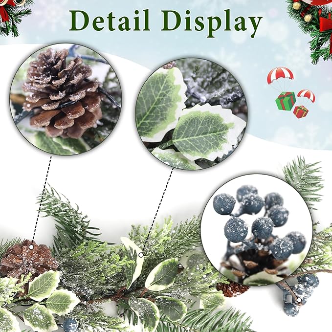 Artgar 6 Ft Christmas Garland, Pre-Lit Christmas Garland - Artificial Garland Christmas Decorations with 30 LED Lights Decorated with Pinecones, Berries for Mantels Dining Tables Porch Decor (Blue)