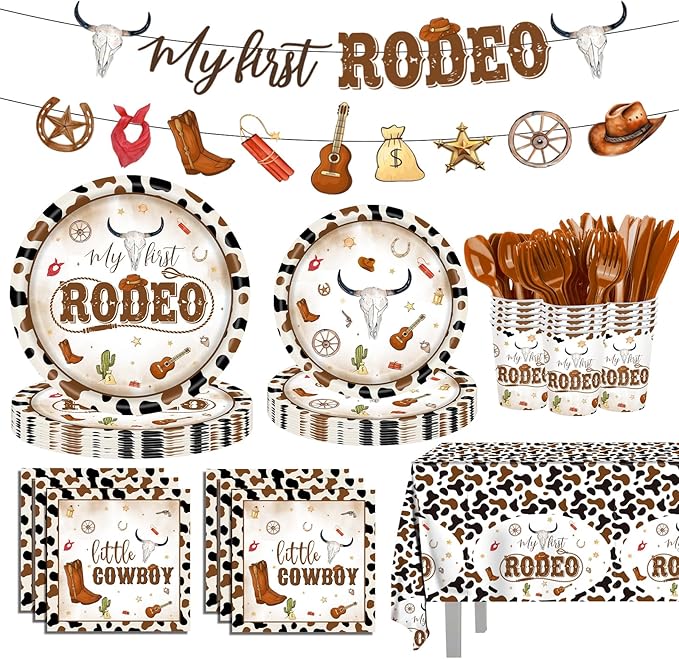 142 Pcs Western Cowboy Tableware 1st Rodeo Birthday Party Decorations Blue My First Rodeo Decorations for Boy