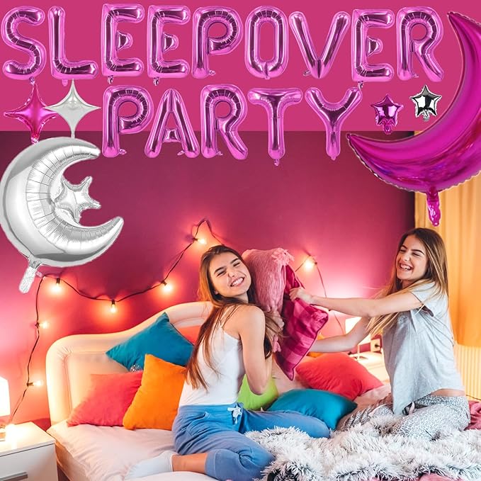 47 Pieces Sleepover Party Decoration Rose Red Sleepover Birthday Party Balloons Banner Large Moon Star for Girls Pajamas Slumber Party Night Out Party Decoration (Rose red)