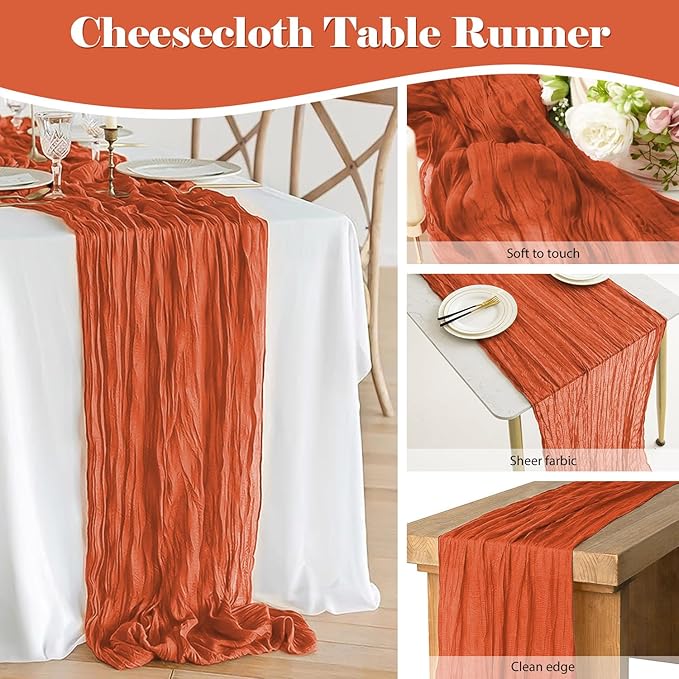2 Pack 10 Ft Cheesecloth Table Runner Orange Gauze Long Table Runners Boho Gauze Cheese Cloth Table Runner Rustic Sheer Runner for Wedding Party Table Decor ( 35 x 120 Inch )