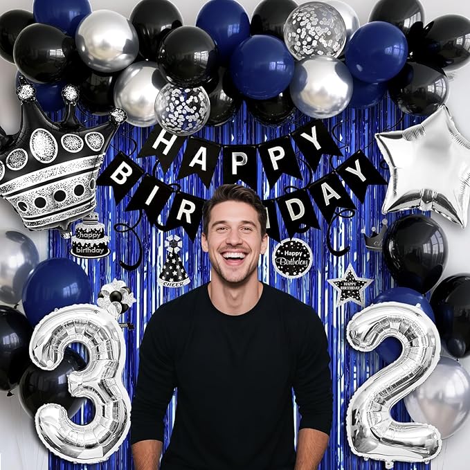 32nd Birthday Decorations for Men and Women, Black Blue Silver Happy Birthday Number 32 Balloons, Banner, Fringe Curtains Garland Kit - 32 Year Old Party Supplies