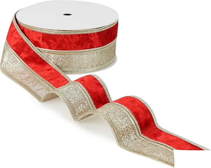 Red Velvet Wired Christmas Ribbon 2.5 Inch Red and Gold Glitter Holiday Ribbon – 10-Yards Roll for Tree Decorations, Gift Wrapping, Wreaths, and DIY Crafts