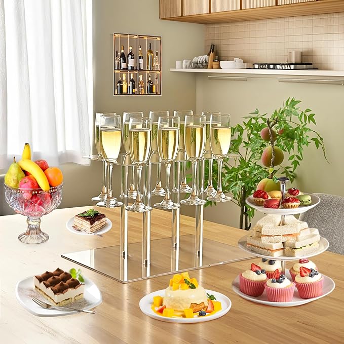 Champagne Tower, Rectangle Acrylic Champagne Display Rack Stand with 32 Slots, 3 Tier Floating Sight Champagne Flute Holder for Party, Wedding, 17.3x11.8x25.5 inch