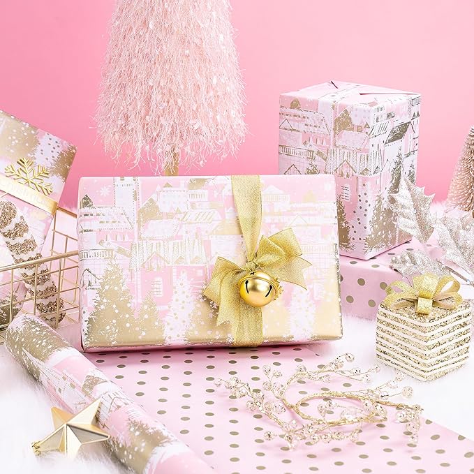 RUSPEPA Reversible Christmas Wrapping Paper Roll, Mini Roll, Pink Gold Winter Landscape with Snowflake Pattern, Gold Polka Dot Design Gift Wrap for Girls, Friends, Holiday Gifts, 17 Inches x 32.8 Feet