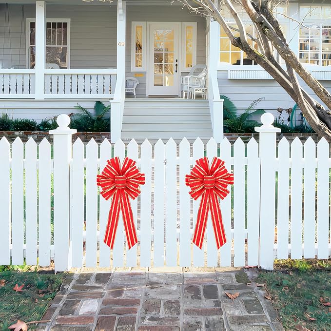 RoseCraft 2PCS Red/Gold Christmas Bow, 9”x13” Large Velvet Christmas Tree Topper Bow Ornaments for Home Xmas Tree Wreath Fence Stairs Railing Fireplace Indoor Outdoor Front Door Party Decoration.