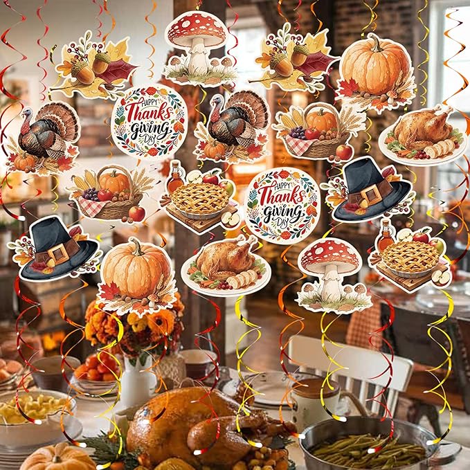 Thanksgiving Hanging Swirl Set Party Decorations, 48 Pcs, Autumn Theme Pumpkin Maple Leaf Turkey Party Supplies Sign,Orange Brown Red