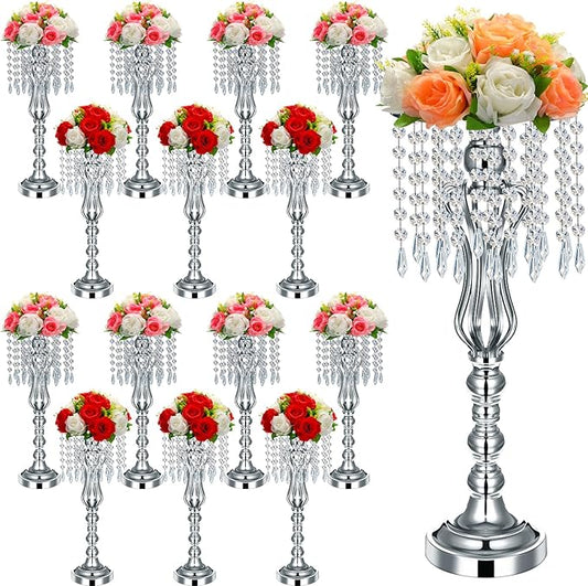 16 Pcs Wedding Centerpieces for Tables, Gold Silver Vase Centerpiece with Chandelier Crystal Metal Flower Stand, Tall Flower Vases for Wedding Party Home Decoration(Silver,21.3)