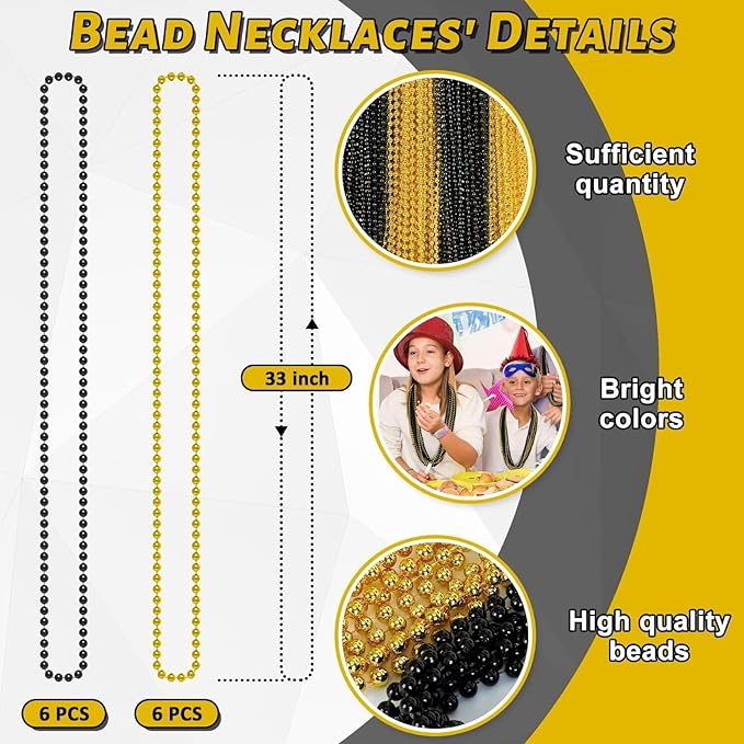 12PCS New Years Eve Bead Necklace, Black Gold Bead Costumes Necklace Party Supplies, 33" New Years Eve Necklaces Accessory Sets, Festival Parade Throw for Mardi Gras Celebrations Decorations