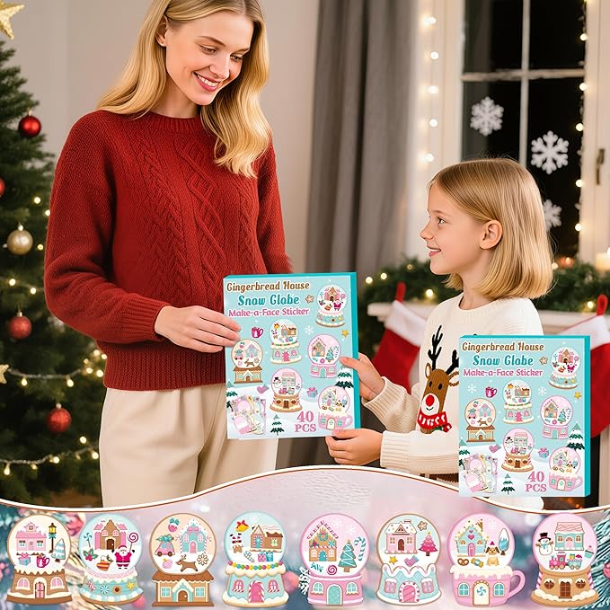 CY2SIDE Christmas Snow Globe House Stickers - 40PCS Pink Gingerbread House Make a Face Sticker Sheets for Kids School Reward, DIY Crystal Ball Sticker Game Xmas Winter Party Favor for Home Fun Project
