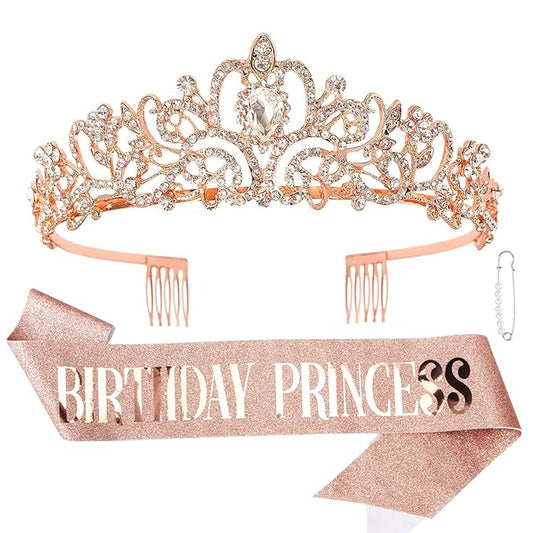 CIEHER Princess Crown and Birthday Sash Set - Tiara for Women, Girls Birthday Decorations and Gifts - Rose Gold