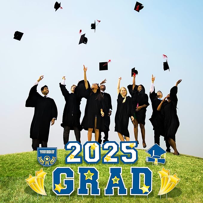 Graduation Yard Sign 2025 with Stakes, Large 2025 Graduation Lawn Signs Set (13 Pcs in Blue and White with Personalized Name DIY Board) Graduation Decorations for Grad Party Indoor or Outdoor