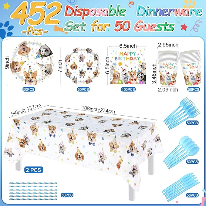 452 Pcs Dog Birthday Party Decorations for 50 Guests Include Dog Paper Plates Napkins Cups Tablecloth Cutlery Straws Puppy Party Tableware for Puppy Theme Birthday Supplies