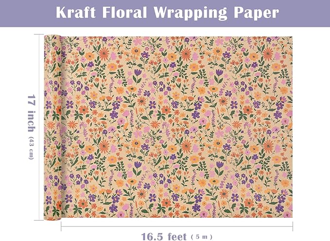 WRAPAHOLIC Kraft Floral Wrapping Paper Roll - Mini Roll - 17 Inch x 16.5 Feet - Vintage Flower Wrapping Paper, Perfect for Wedding, Birthday, Bridal Shower, Tea Party