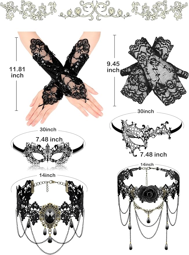 Newcotte 6 Pcs Masquerade Mask for Women Lace Mask Choker Necklace Glove for Christmas Halloween Venetian Party 80s 90s