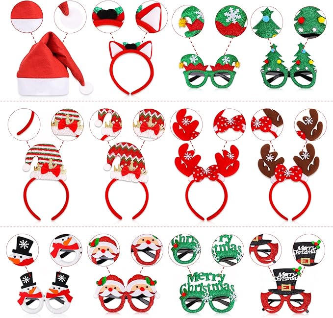 18 Pcs Christmas Glasses Glitter Headbands Hats Set, Hair Hoop Eyewear Eyeglasses Frame Santa Hat Photo Props for CHristmas Party Favors Holiday Photos Booth