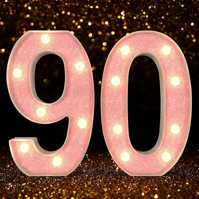 Marquee Light up Numbers 0-9, Battery Powered LED Light, Pink Glitter Plastic for 90th Birthday Decorations, Graduation Engagement Wedding Decor (Number 90)