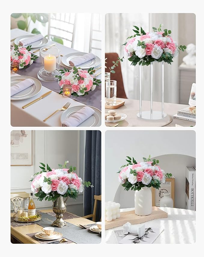 VEVOR Flower Ball Arrangement Bouquet 10 PCS, 17.7-Inch Diameter Artificial Flower Balls Wedding Table Centerpieces, Rose Arrangements for Wedding Centerpiece Home Decorations, Pink and White Roses