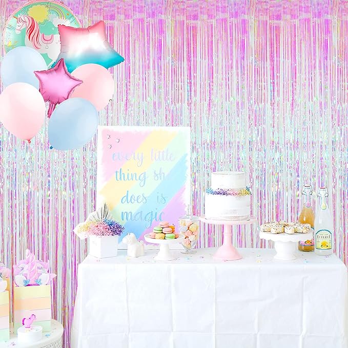 GOER 3.2 ft x 9.8 ft Metallic Tinsel Foil Fringe Curtains Party Photo Backdrop Party Streamers for Birthday,Graduation,New Year Eve Decorations Wedding Decor (4 Packs,Iridescent)