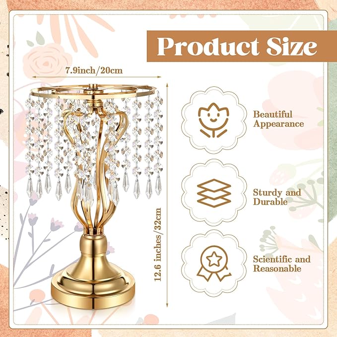 16 Pcs Wedding Centerpieces for Tables, Gold Silver Vase Centerpiece with Chandelier Crystal Metal Flower Stand, Tall Flower Vases for Wedding Party Home Decoration(Gold,12.6)