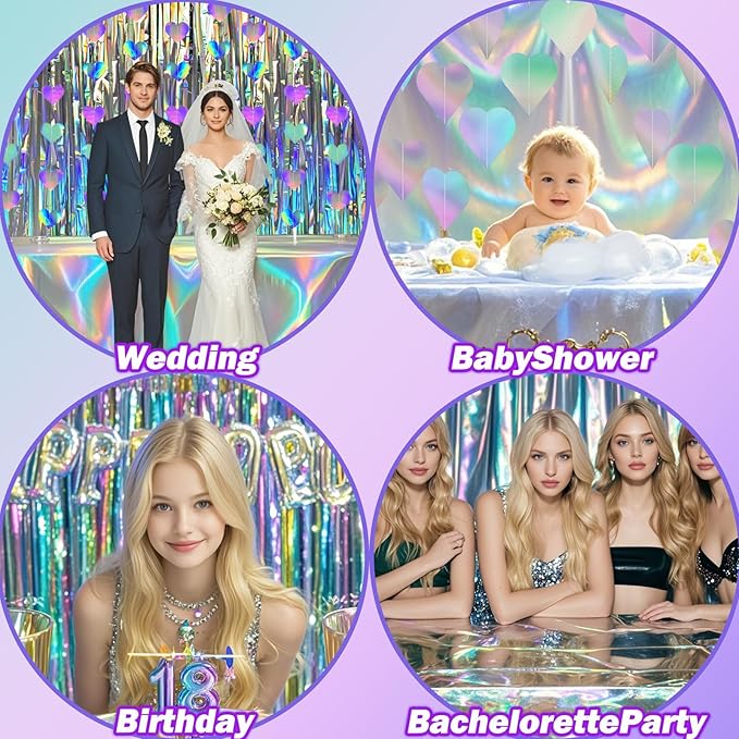 8 PCS Iridescent Disco-Holographic Party Decorations - Love-Heart Garland Streamers Banner, Disposable Laser Tablecloth, Tinsel Foil Fringe Curtains | Birthday, Bachelorette, Engagement, 90s, 80s