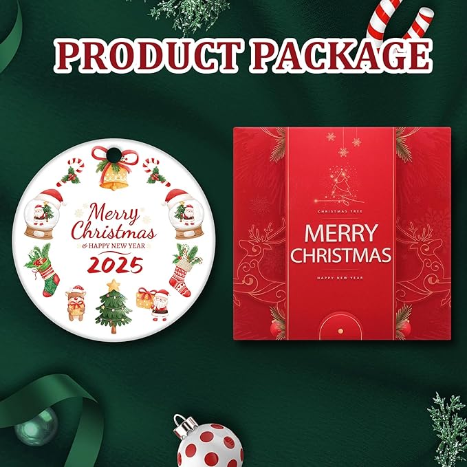 Christmas Ornaments 2025 – 3 Inch Round Tree Decoration Ornaments, Double-Sided Holiday Keepsake Gift for Family, Friends & Couples | Merry Christmas & Happy New Year Ceramic Ornament with Gift Box.