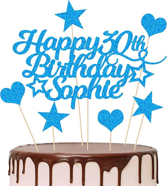 Personalized Happy Birthday Cake Topper Customized with Any Age Name Party Cake Decoration 16 18 21 40 60 Double Sided Glitter Card Blue